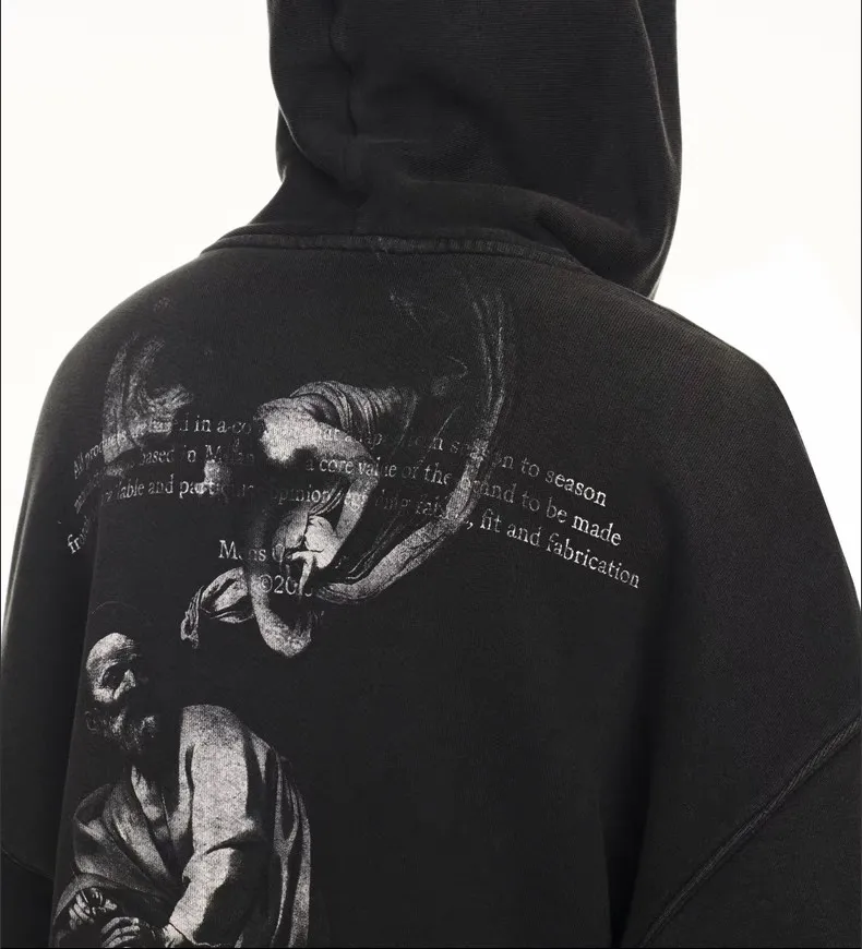 ♻️💯Upper body reference model picture❤️Top tested version OFF oil painting old man WHITE hooded sweatshirt OW jacket hoodie oversize male and female couple stars the same style. As a street fashion art in the luxury ranks, off white has always attracted many fans with its classic logo and trendy creativity. Not only is it an understanding of fashion, off white also intuitively reflects ♻️environmental awareness in many works, and treats the world gently.  The kangaroo pocket adopts a special machine crimping process with externally shaped wiring. The brim of the hat is designed with threads, which is the first thing to look at when appraising.   The fabric is made of 480g terry cotton fabric with full drape.  Color: Black Size: XS-L P:430